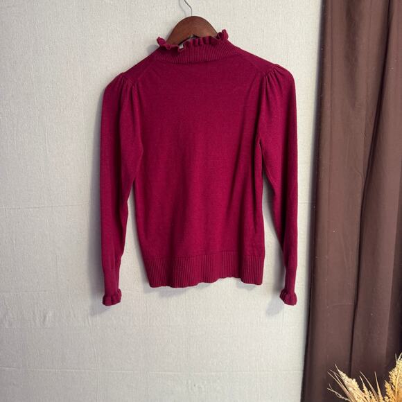 CeCe Sweater Size S Burgundy Red Ruffle Mock Neck Long Sleeve Lightweight Knit - Picture 7 of 10